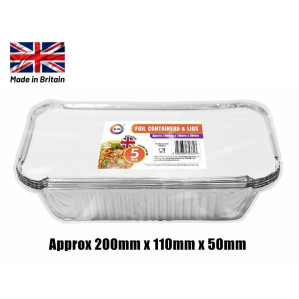 5pc Foil Containers &amp; Lids (Approx 200mm x 110mm x 50mm)