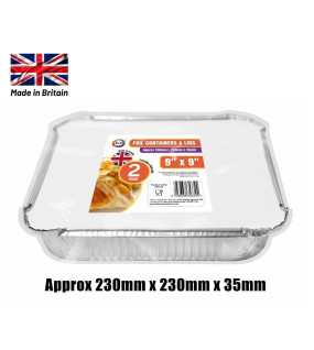 2pc 9" x 9" Foil Containers & Lids (Approx 230mm x 230mm x 35mm)