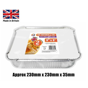 2pc 9" x 9" Foil Containers &amp; Lids (Approx 230mm x 230mm x 35mm)