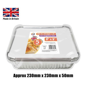5pc 9" x 9" Deep Foil Containers &amp; Lids (Approx 230mm x 230mm x 50mm)