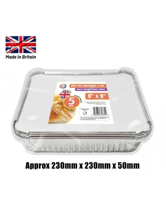 5pc 9" x 9" Deep Foil Containers & Lids (Approx 230mm x 230mm x 50mm)