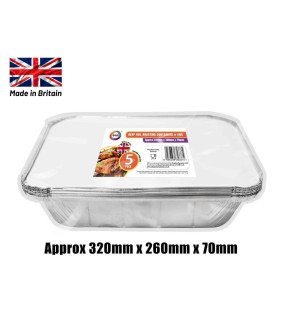 5pc Deep Foil Roasting Containers & Lids (Approx 320mm x 260mm x 70mm)