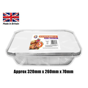 5pc Deep Foil Roasting Containers &amp; Lids (Approx 320mm x 260mm x 70mm)