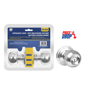 Silver Entrance Lock - Key Unlocking Outside Button Locking Inside