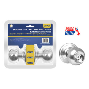 Silver Entrance Lock - Key Unlocking Outside Button Locking Inside