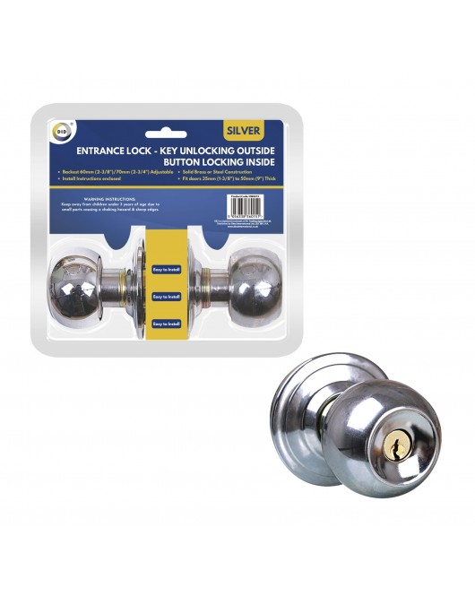 Silver Entrance Lock - Key Unlocking Outside Button Locking Inside
