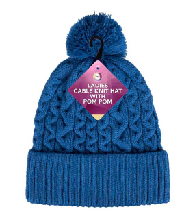 Ladies Cable Knit Hat with Pom Pom