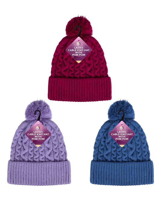 Ladies Cable Knit Hat with Pom Pom