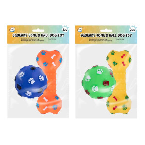 2Pk Squeaky Bone &amp; Ball Dog Toy