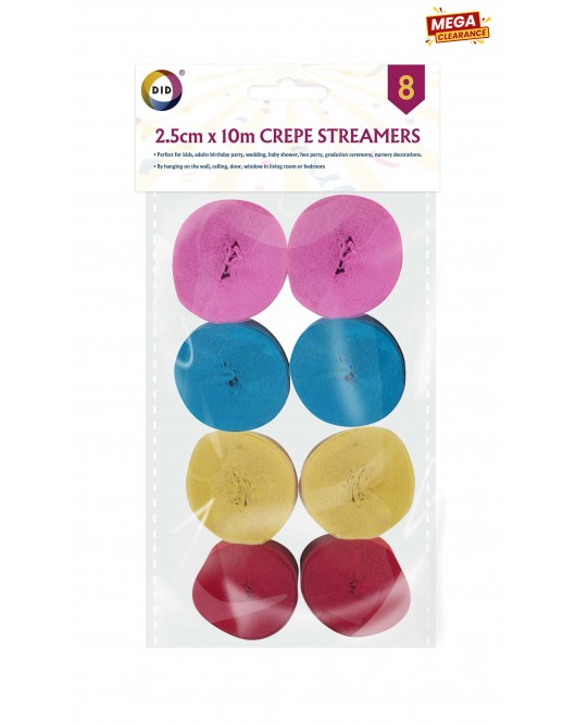 8pc 2.5cm x 10m Crepe Streamers