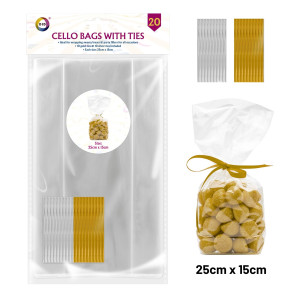 20Pk Cello Bags with Ties