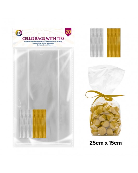 20Pk Cello Bags with Ties