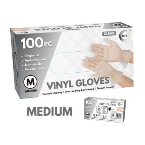 100pc Medium Powder Free Clear Vinyl Gloves