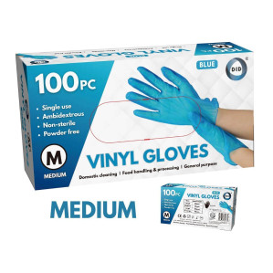 100pc Medium Powder Free Blue Vinyl Gloves