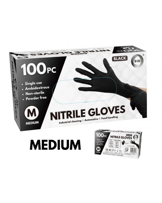 100pc Medium Powder Free Black Nitrile Gloves