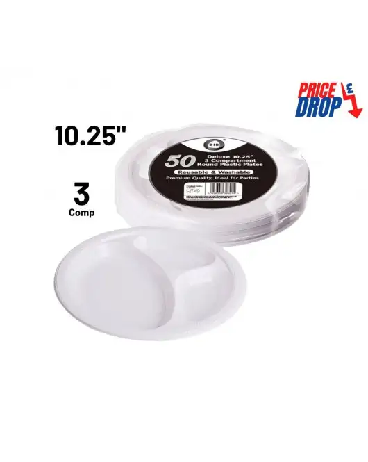50pc Reusable Deluxe 10.25" 3 Compartment Round Plastic Plates