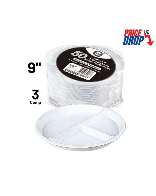 50pc Reusable Deluxe 9" 3 Compartment Round Plastic Plates