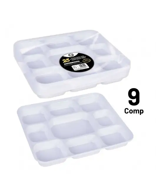 25pc Deluxe Heavy-Duty 9 Compartment Square Plastic Dinner Plates