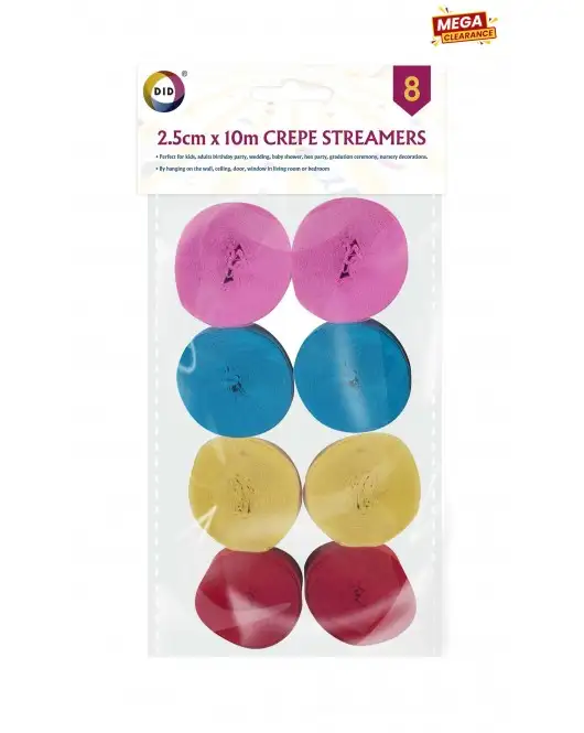8pc 2.5cm x 10m Crepe Streamers